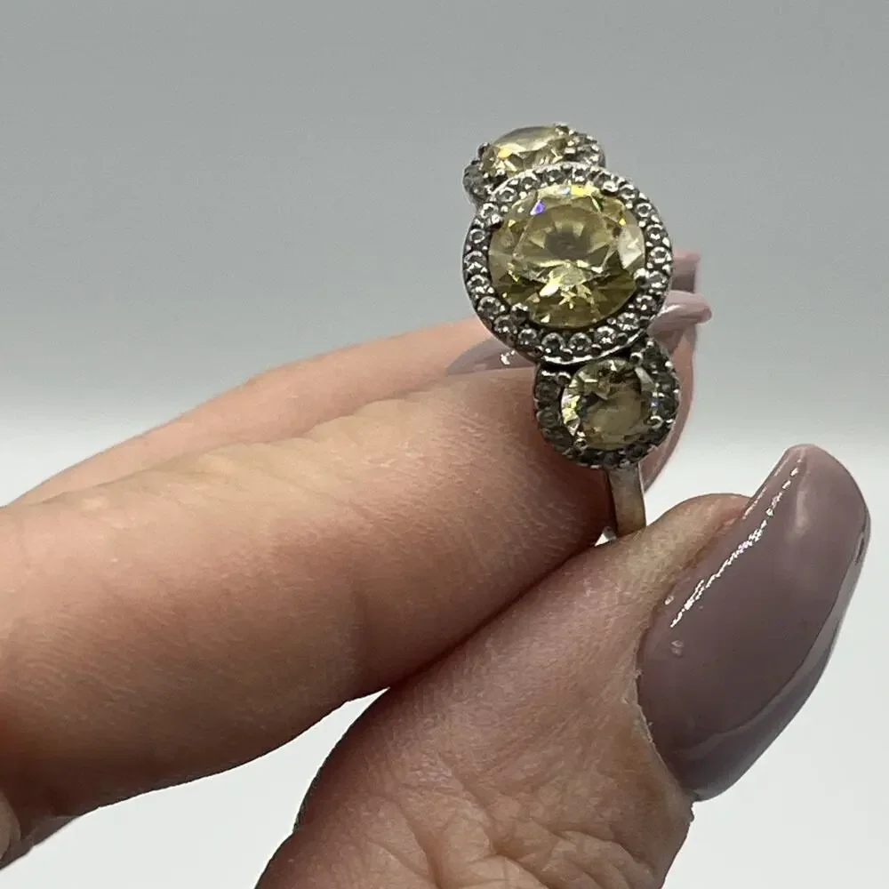 KIERA COUTURE 925 STERLING SILVER 3 CANARY YELLOW CRYSTALS HALO RING Sz 8